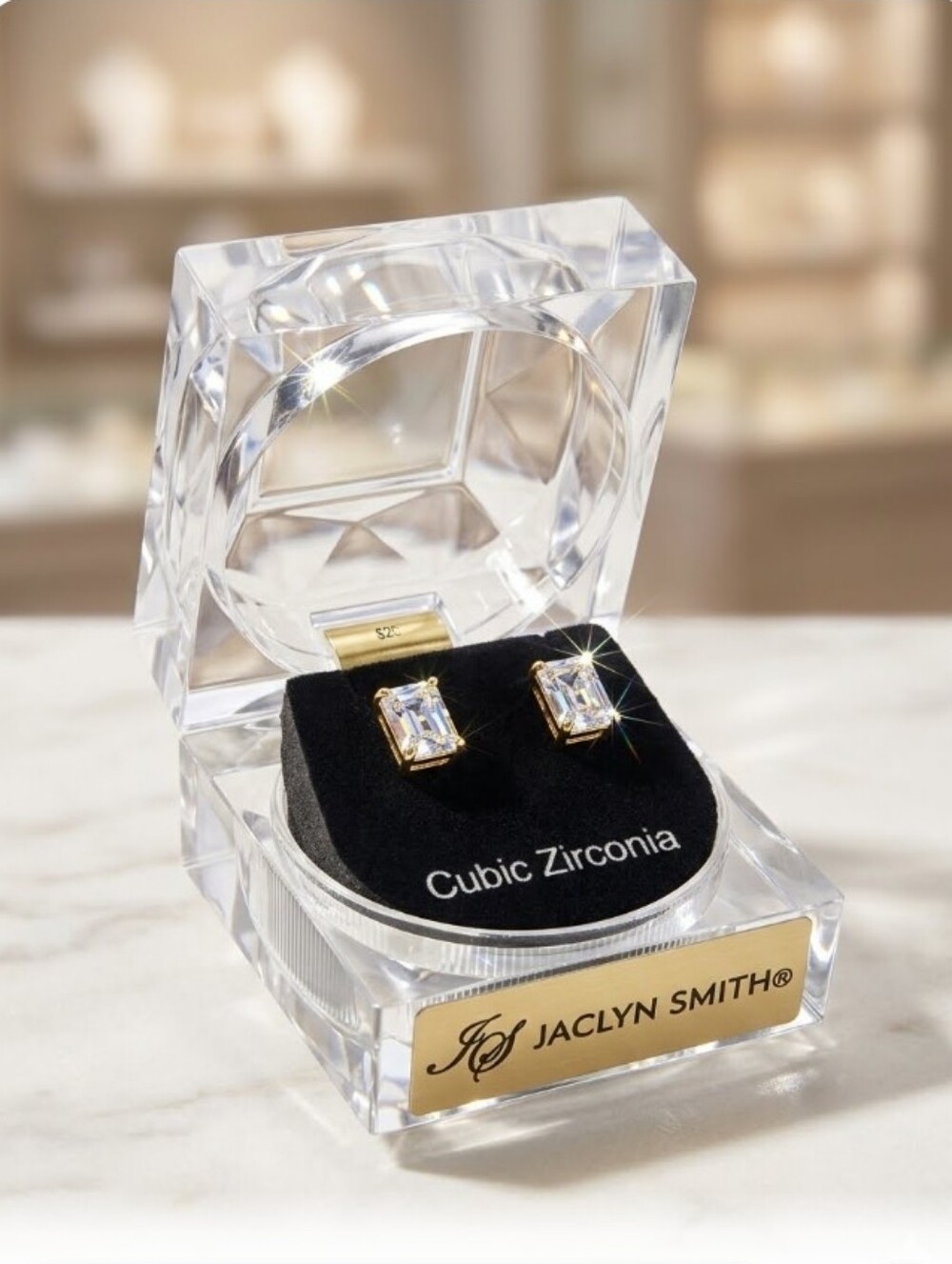 VTG Jaclyn Smith Cubic Zirconia Emerald Cut Stud Earrings Gold Tone New Gift